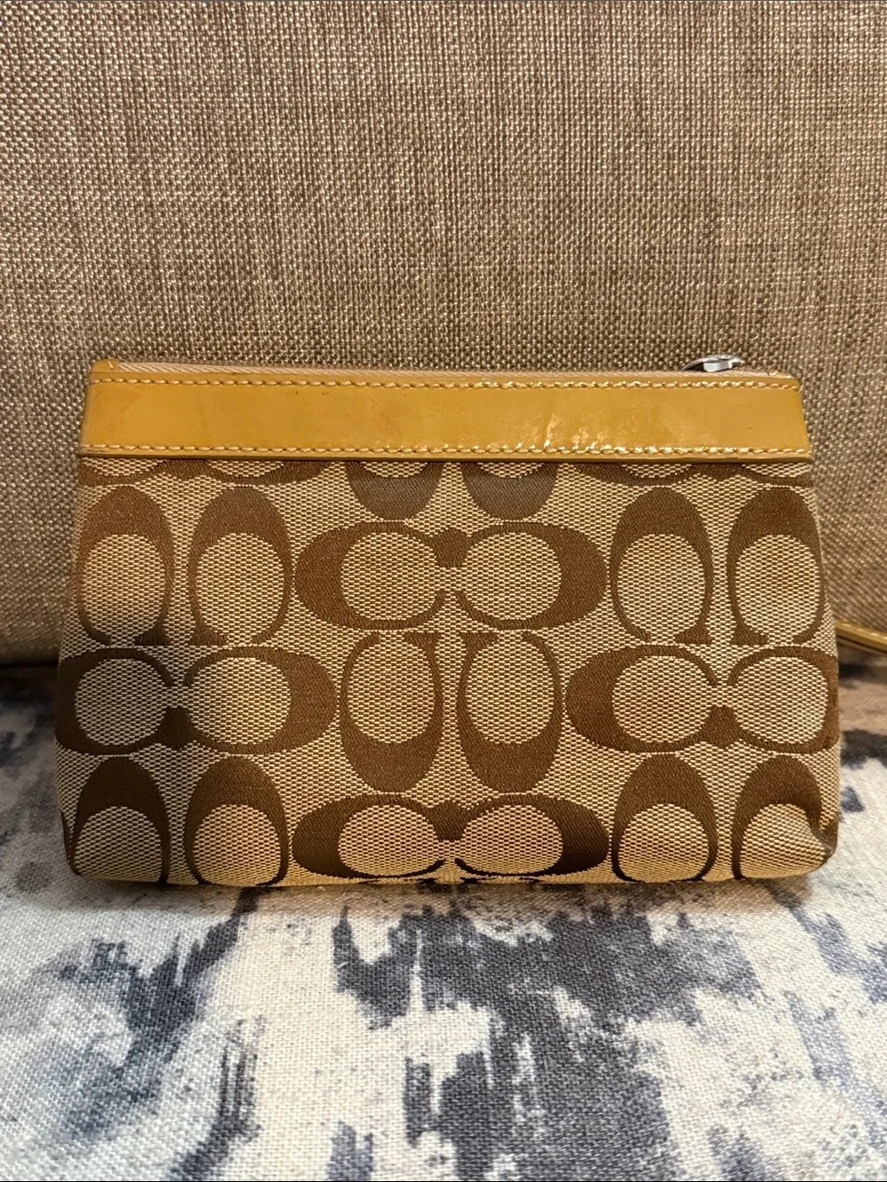 Coach Monogram Signature Wristlet in Brown and Yellow